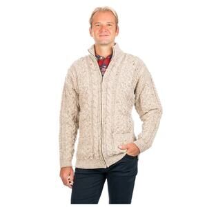SAOL Irish Aran Cardigan Sweater Men's S 100% Merino Wool Cable Knitted Jacket